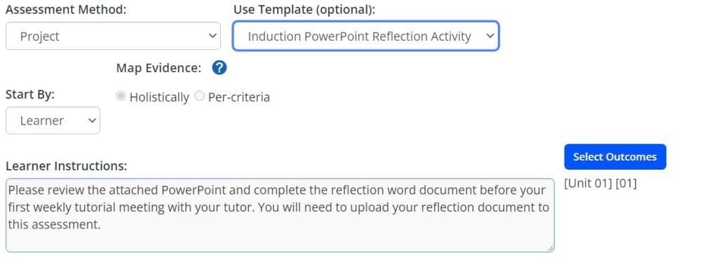 A screenshot of the Add Task menu within an Activity Plan. Two drop down boxes are shown, one is assessment method, the second is use optional template. The assessment method is set to project and a template has been selected. The learner instructions text box has been populated using the template, the start by drop down box is set to learner, and the map evidence selection is set to holistically.