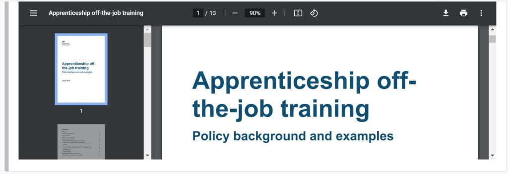A screenshot of a PDF viewer which displays a document with the title 'Apprenticeship off-the-job training' guidance provided by the Department for Education. 