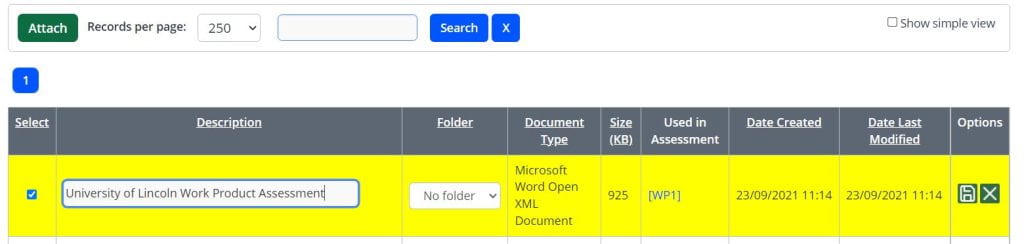 A screenshot of the add attachments page. A table shows a new file has been uploaded. The table shows the attachment title, file type, and document details, a save button is displayed for the individual file.