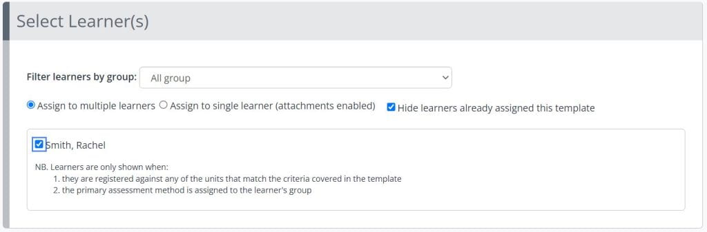 A screenshot of the Assign Tutor Template menu. A dropdown box is shown titled filter learners by group. Three checkbox options are displayed, in order they are: assign to multiple learners, assign to single learner with attachments enabled, and hide learners already assigned this template. Below is a list of learners with checkboxes.