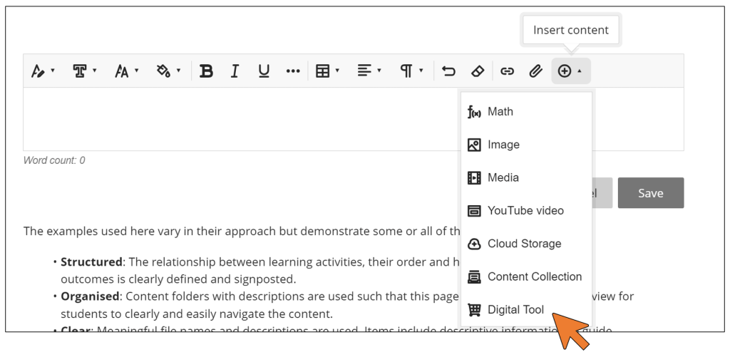 The Add Content menu within Blackboard Ultra is shown. A toolbar is displayed and there are a number of options presented: math, images, media, YouTube, cloud storage, content collection and digital tool. 