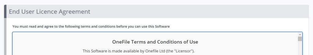 A screenshot of the One File end user licence agreement.