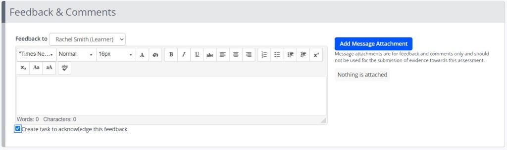 A screenshot of a Feedback and Comments text box which allows the tutor to give information to the learner. A checkbox is shown to create task for the learner to acknowledge the feedback.