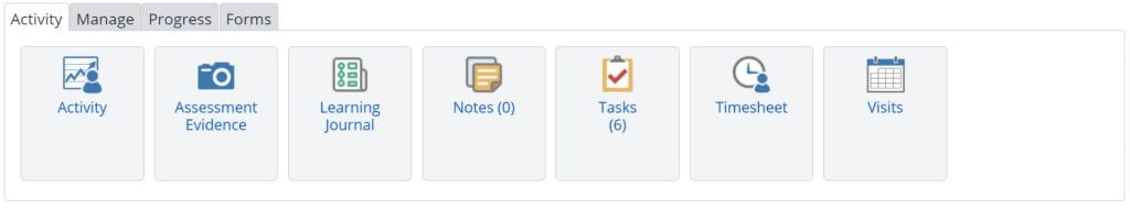 A screenshot of the Learner's portfolio information and options tab. This section shows the Activity menu. Within the Activity menu the following icons are displayed: activity, assessment evidence, learning journal, notes, tasks, timesheets and visits.