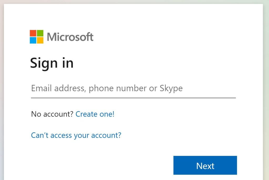 A screenshot of the Microsoft SSO login screen. A text field is shown which contains the text "email address, phone number or Skype", a blue Next button is shown.