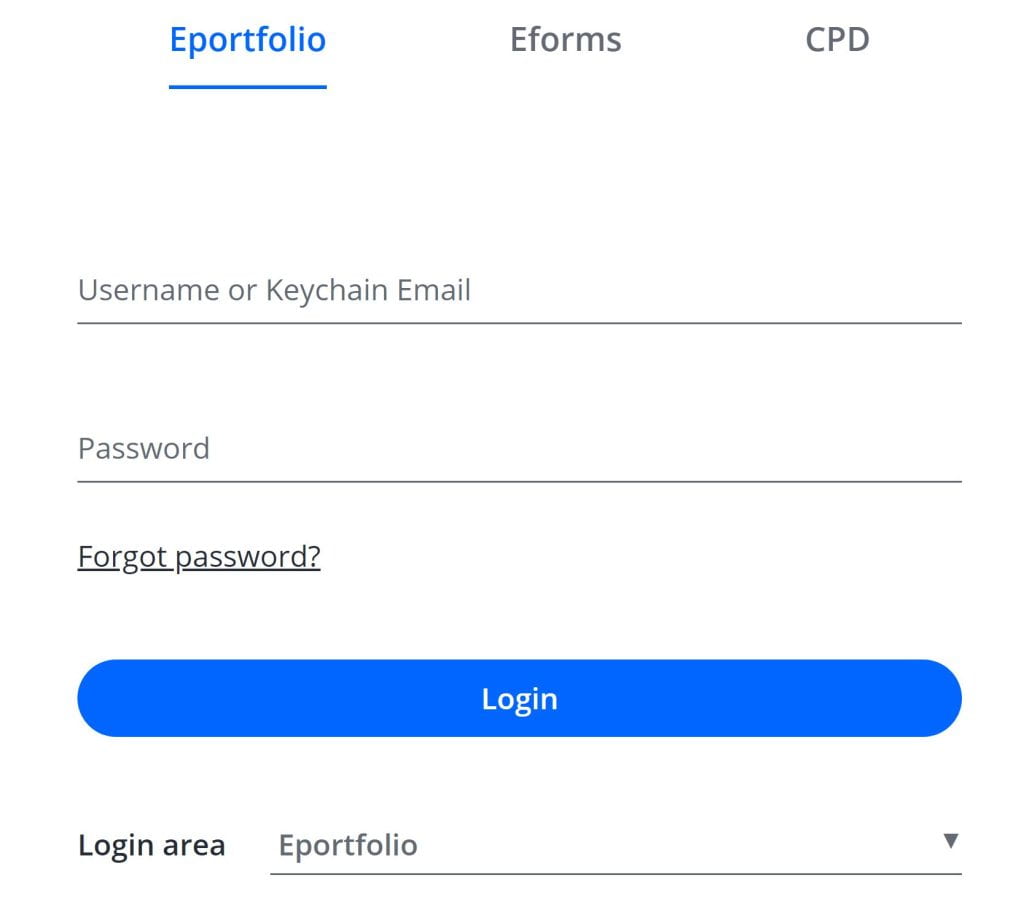 A screenshot of the One File login screen. Fields to enter the username and password are shown. At the top of the screen the Eportfolio option is selected, and at the bottom of the screen a login area drop-down box is set to Eportfolio.