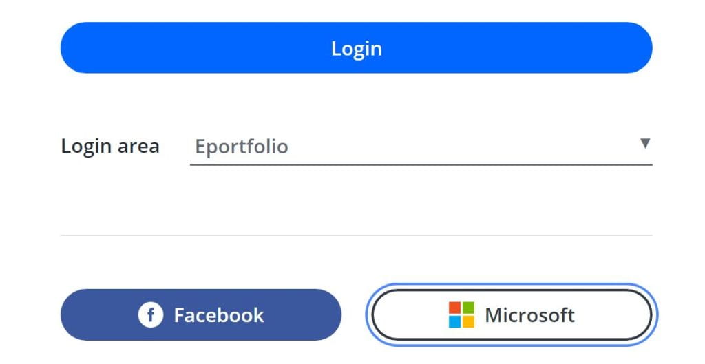 A screenshot of the One File login screen. A blue login button is shown, below this a dropdown box which has the option 'eportfolio' selected. Below these are two icons, a Facebook icon and a Microsoft button which has a blue highlight around it.