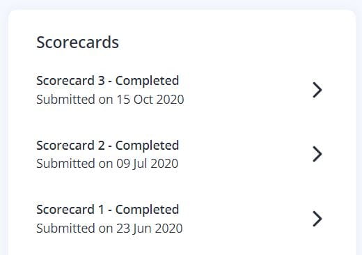 A screenshot of the Scorecards list on a learner's portfolio. A list of entries is displayed with dates reflecting when the Scorecard was submitted.
