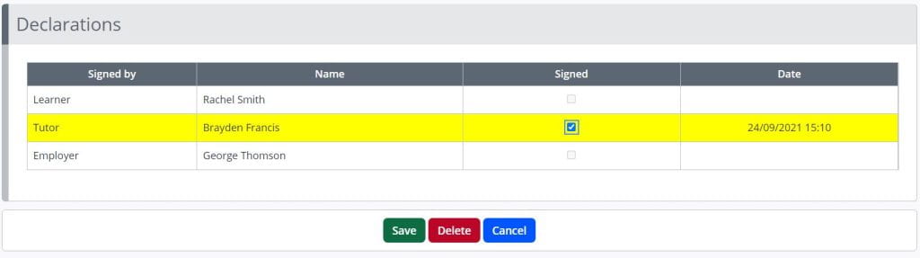 A screenshot of the signature box in One File. Three users are listed, learner, tutor and employer. The tutor is highlighted in yellow, a checkbox is displayed to the right of their name, and a save button displayed in green is below this table.