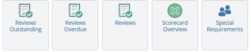 A screenshot of five report icons in the learner reports tab of One File. The icons from left to right are: reviws outstanding, reviews overdue, reviews, scorecard overview, and special requirements.