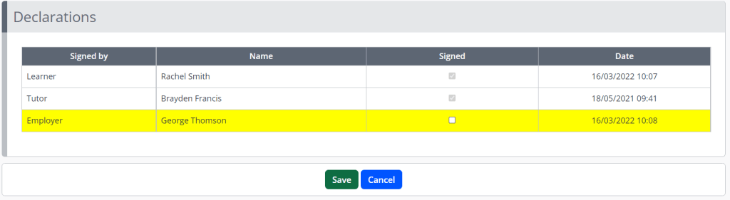 A table lists three use types learner, tutor and employer. Next to each user is a checkbox and a date value displaying when they signed. A green save button and blue cancel button is situated below the table.
