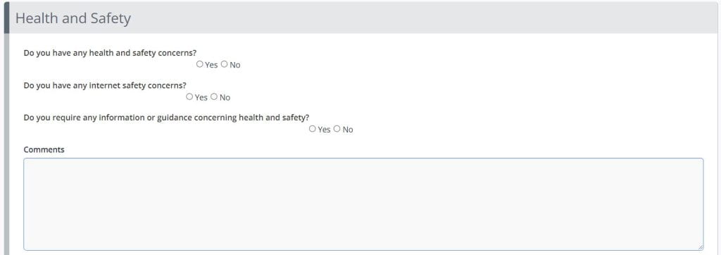 A screenshot of an example Review form in One File. This example shows a segment titled Health and Safety. Three questions are shown with yes or no checkboxes, a comments text box is displayed below.
