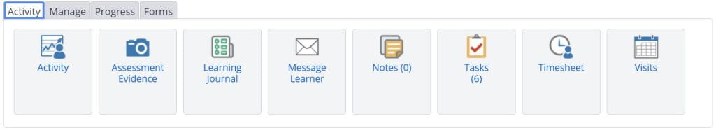 A screenshot of the Learner's portfolio information and options tab. This section shows the Activity menu. Within the Activity menu the following icons are displayed: activity, assessment evidence, learning journal, message learner, notes, tasks, timesheets and visits.
