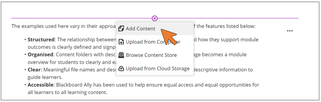The Add Content menu within an Ultra Document is shown. The menu contains four options: Add Content, Upload from Computer, Browse Content Store and Upload from Cloud Storage.