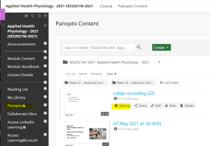 Highlighting of Panopto area on Bb and the Settings Cog