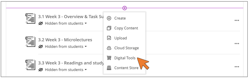 A screenshot of a Blackboard Ultra course. A menu is shown with six options: create, copy content, upload, cloud storage, digital tools and content store. 