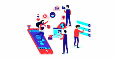 A cartoon image of several people interacting with digital technology