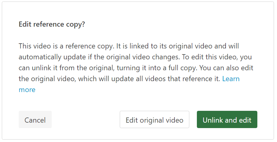 A popup message from Panopto titled 'Edit Reference Copy?' Full text available before this image is presented.