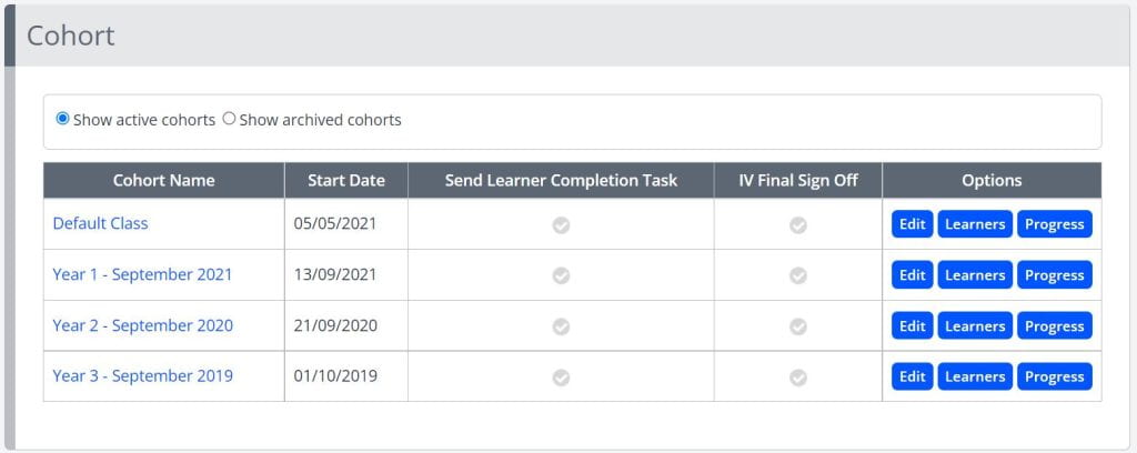 A screenshot of the Cohorts area in One File. Four cohorts are listed in a table, the table displays three buttons for each cohort: edit, learners and progress.