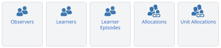A screenshot of the Users tab in One File. Five icons are shown, they are: observers, learners, learner episodes, allocations and unit allocations.