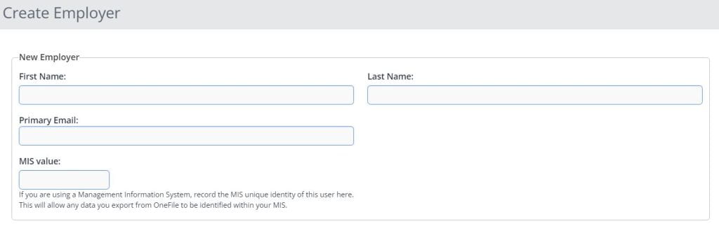 A screenshot of the Create Employer Page. This image shows four fields: first name, last name, primary email address and MIS value.