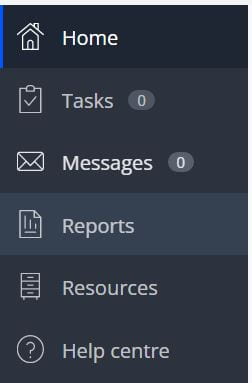 The quick navigation menu in One File. The links shown are Home, Tasks, Messages, Reports, Resources and Help Centre.