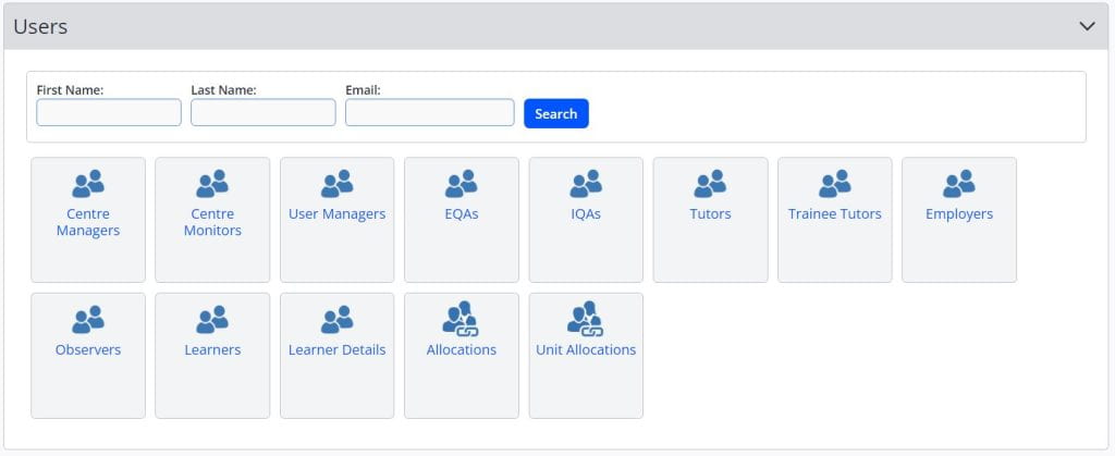 A screenshot of the Users tab when logged into One File as a Centre or User Manager. 