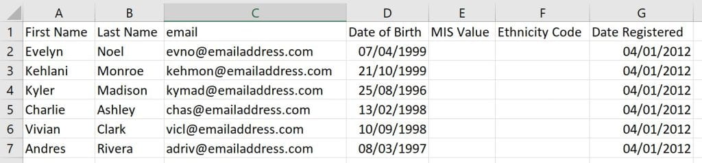 An excel document that contains learner information including first and last name, email address, date of birth and date registered with the centre.