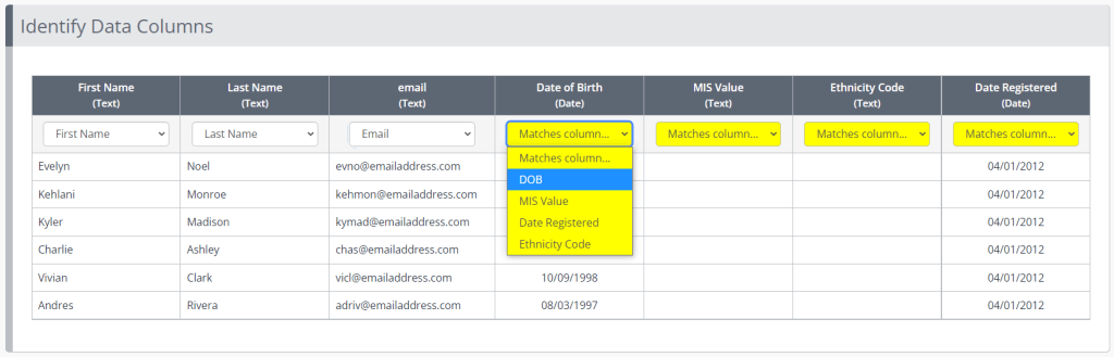 A One File screenshot showing the CSV table that has been imported. Each learner has a row of the table, with columsn for email, date of birth, MIS value, ethnicity and date registered. Dropdown boxes are shown for each cell of the table.