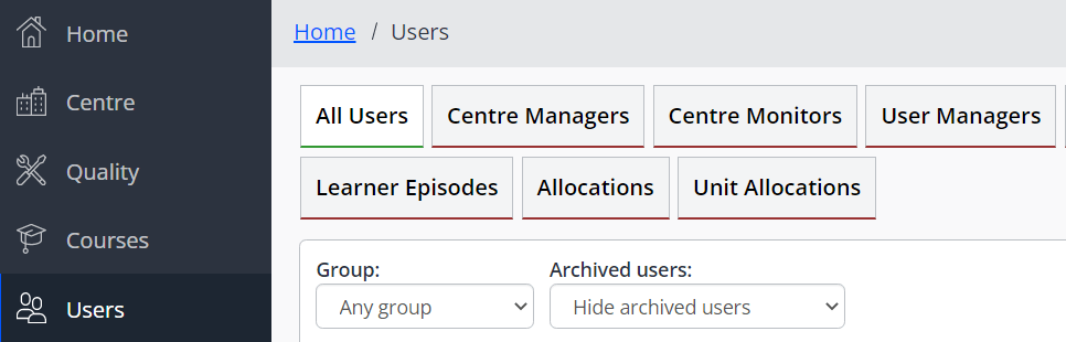 A screenshot of the One File menu bar for centre or user managers. Five menu options are shown: Home, Centre, Quality, Courses and Users.