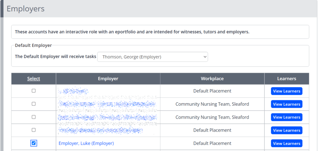A box titled 'Assign Additional Tutors' is shown, a drop-down box for the default tutor is displayed above a table of employers with their workplace. Each employer has a checkbox next to their name.