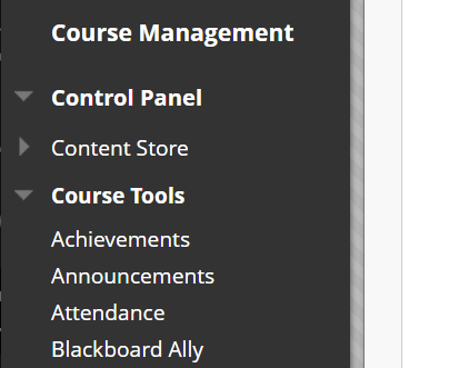 The Course Management section of a Blackboard module site is shown. A vertical list of links is presented in the following order: control panel, content store, course tools (expanded), achievements, announcements, attendance and Blackboard Ally.