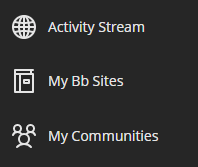 A screenshot shows a menu bar. There are three options shown: Activity Stream, My BB Sites and My Communities. 
