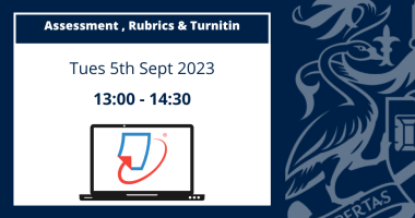 Image text: Assessment, Rubrics & Turnitin. More information on this event can be found on this page.