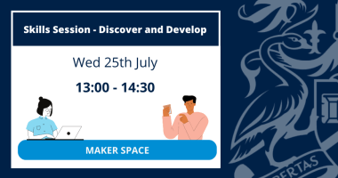 Image text: Skills session - Discover and develop. More information on the event can be found on this page.