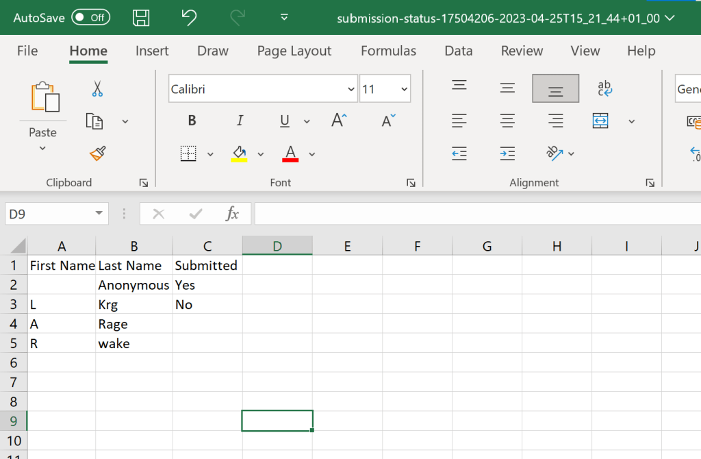 Screenshot of Excel displaying the names of non-submitters.