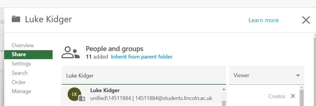 Screenshot with drop-down to select student to add as viewer