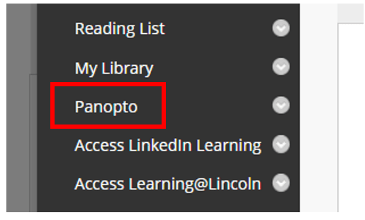 A screenshot of the Blackboard left-hand menu in Original Course view. The Panopto link is shown.