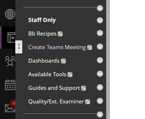 The image is a screenshot of the Blackboard left-hand menu. A link labelled as 'Create Teams Meeting' is highlighted.