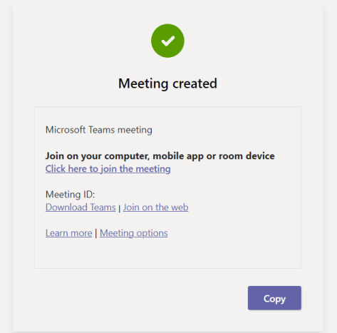 The image is a screenshot of a popup confirmation that the meeting has been created. The meeting link and details are displayed.