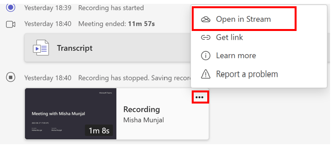 Screenshot of recorded video in MS teams meeting with option to open video in stream highlighted in red box.