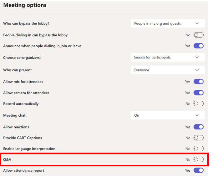 Screenshot of meeting options with Q&A option highlighted in in red box.