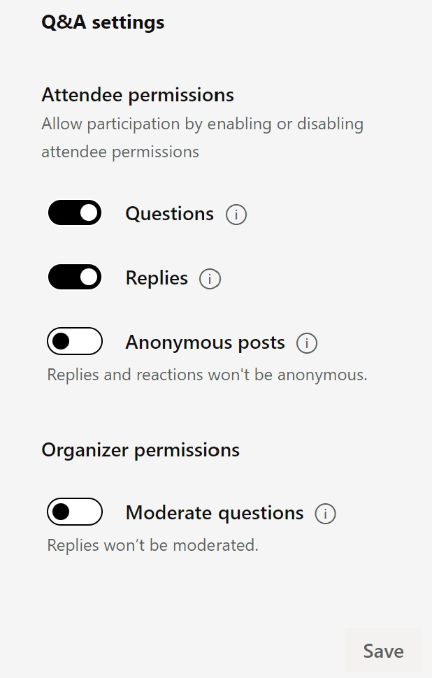 Screenshot of attendees permissions setting in the  Q&A tab.