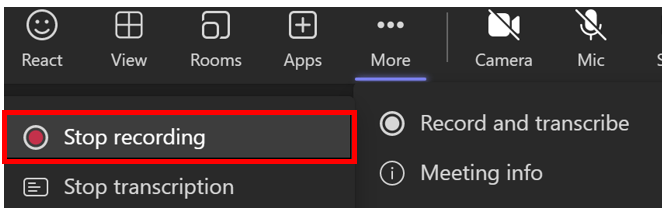 Screenshot of top navigation panel of MS Teams. The option to stop recording is highlighted in red box.
