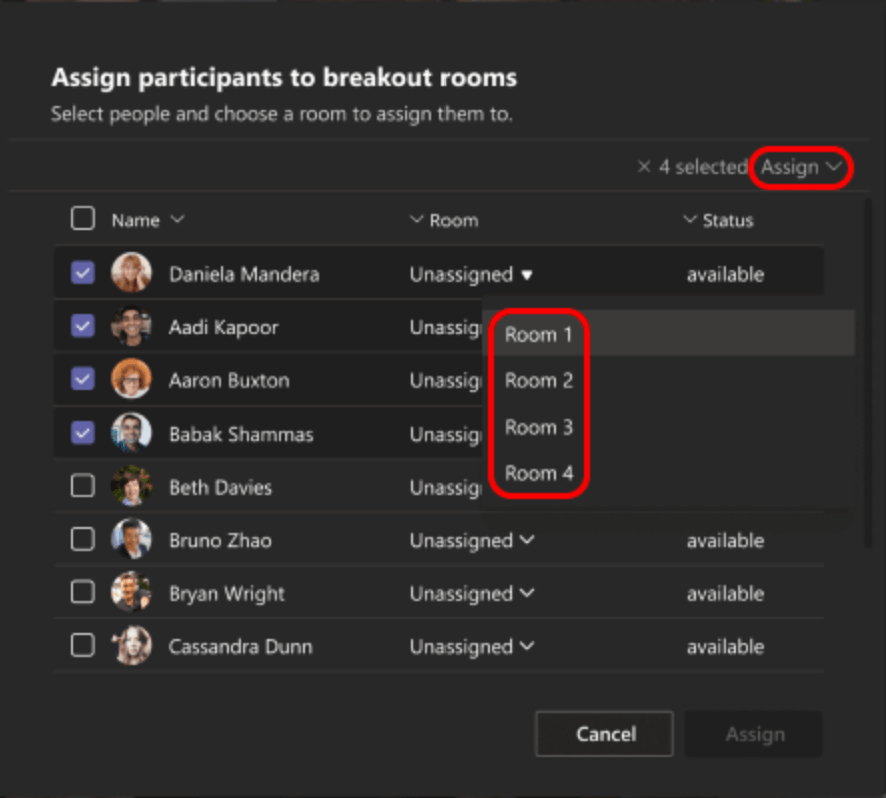 A screenshot of Assigning participants to the breakout rooms . With option to assign participant to a room manually.