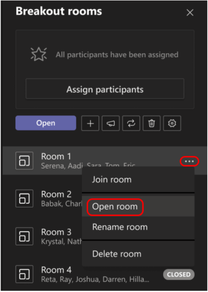 A screenshot of a dropdown menu under Breakout Room with Open selected.