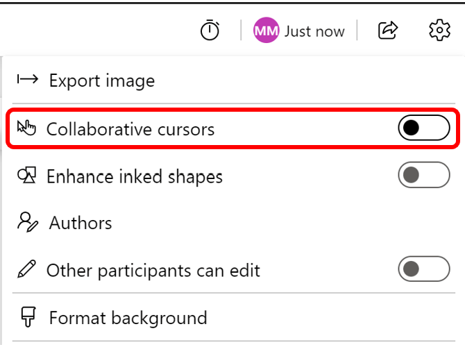 Screenshot of settings in Microsoft whiteboard with collaborative cursor highlighted in red box.