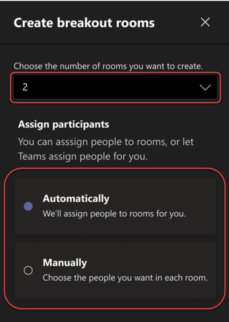 A screenshot of the Create breakout rooms menu. A computer mouse icon selects the Assign automatically option for distributing participants. The number of rooms drop down box is set to one.