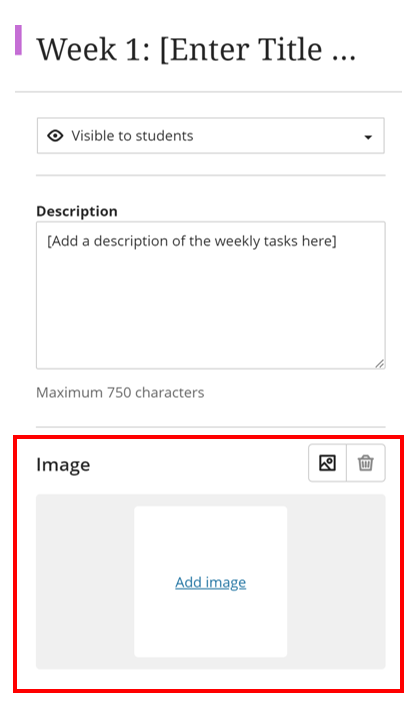 The edit option with options to rename Learning Module , set visibility , add description and image. Option to add image is highlighted in red box. 
