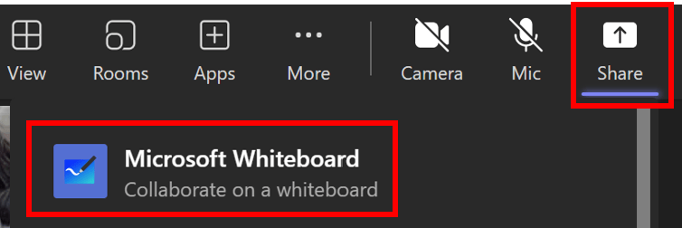 Screenshot of screen share option in MS Teams with share option and Microsoft whiteboard option highlighted in red.